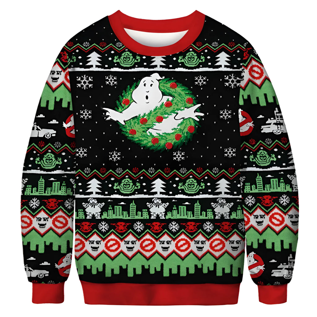 Christmas print sweater long sleeve polyester pullover in red and green pattern, front view
