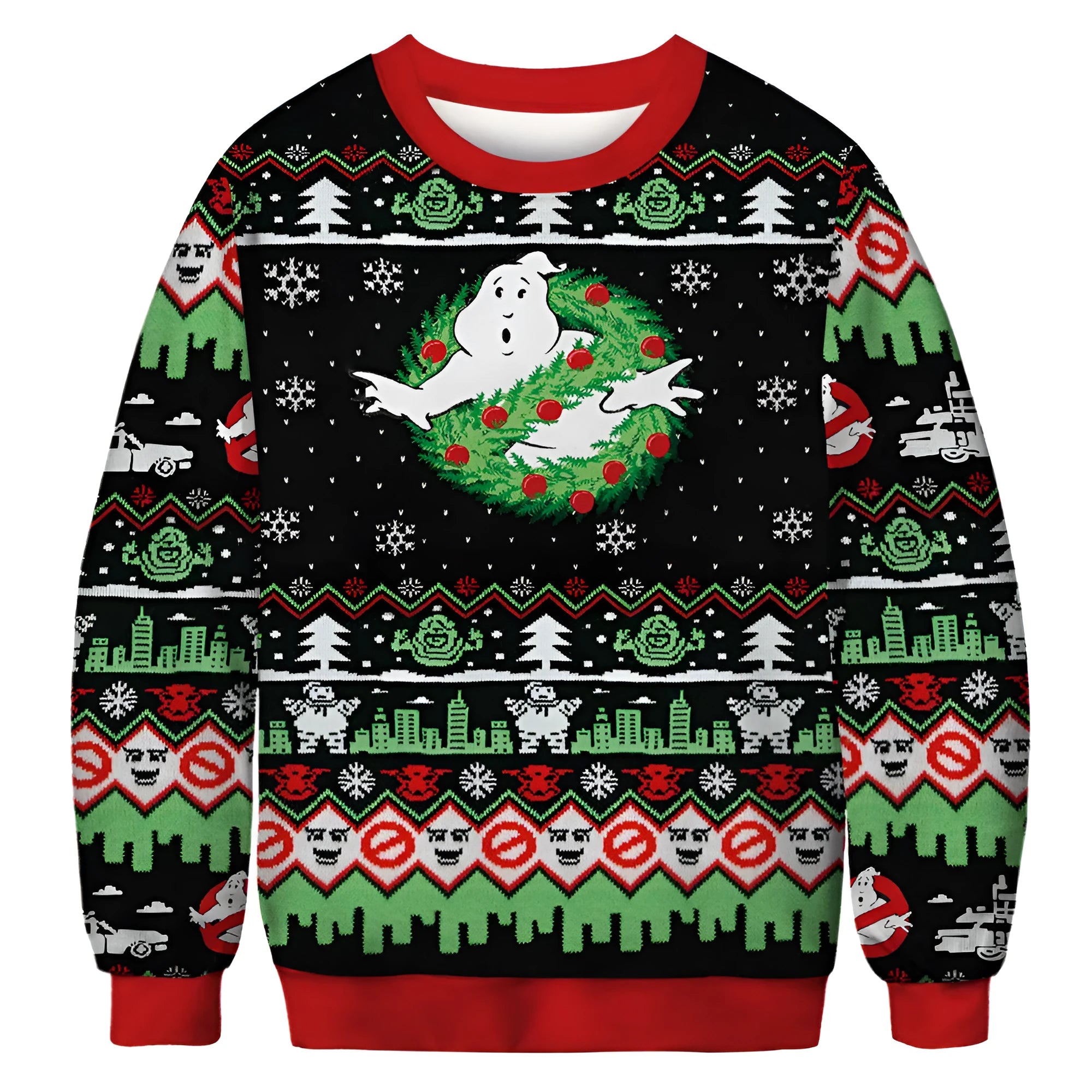 Christmas print sweater long sleeve polyester pullover in red and green pattern, front view