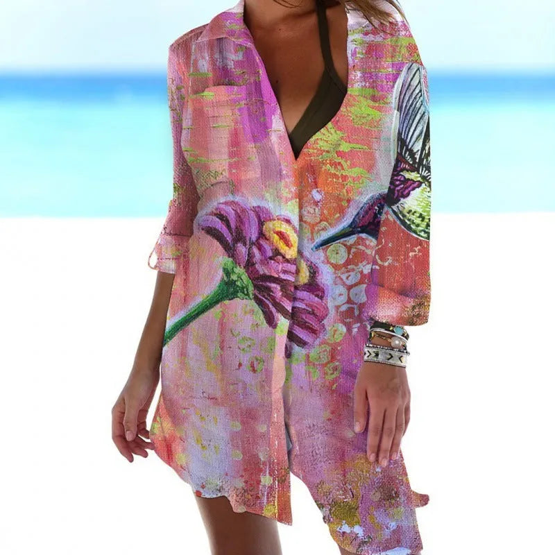 Women's slim-fit long sleeve blouse with digital bird and flower painting print, cardigan style.