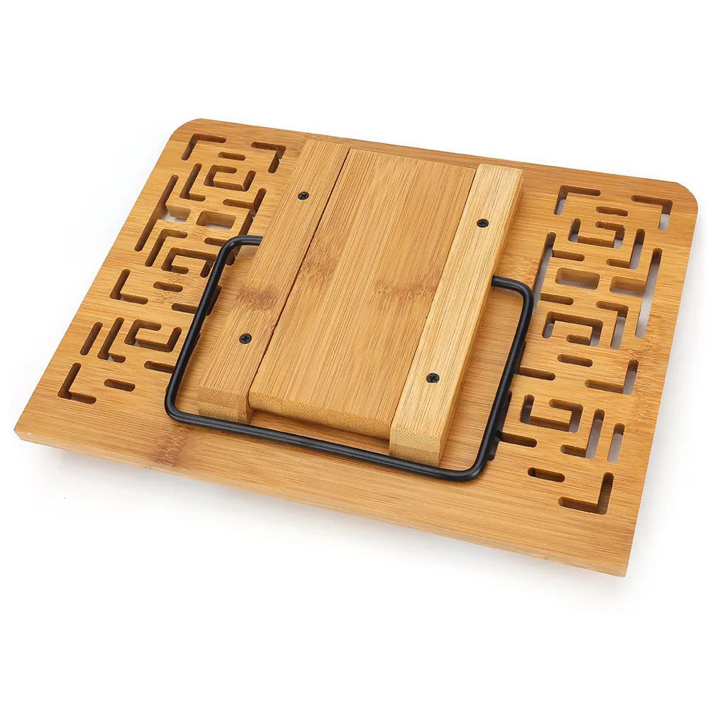 Solid wood bamboo hollow reading frame in glossy white or natural finish, sizes S M L, holding a copybook on a desk.