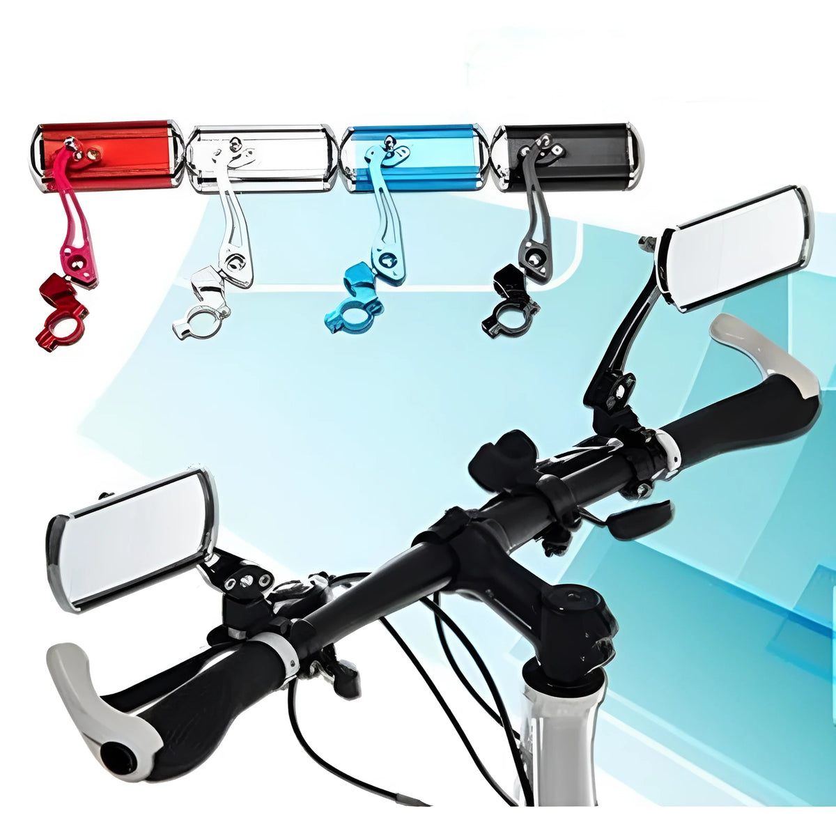 Aluminium alloy bicycle handlebar rearview mirror, 125mm x 45mm mirror face, 22.2mm clamp, black silver red blue pair