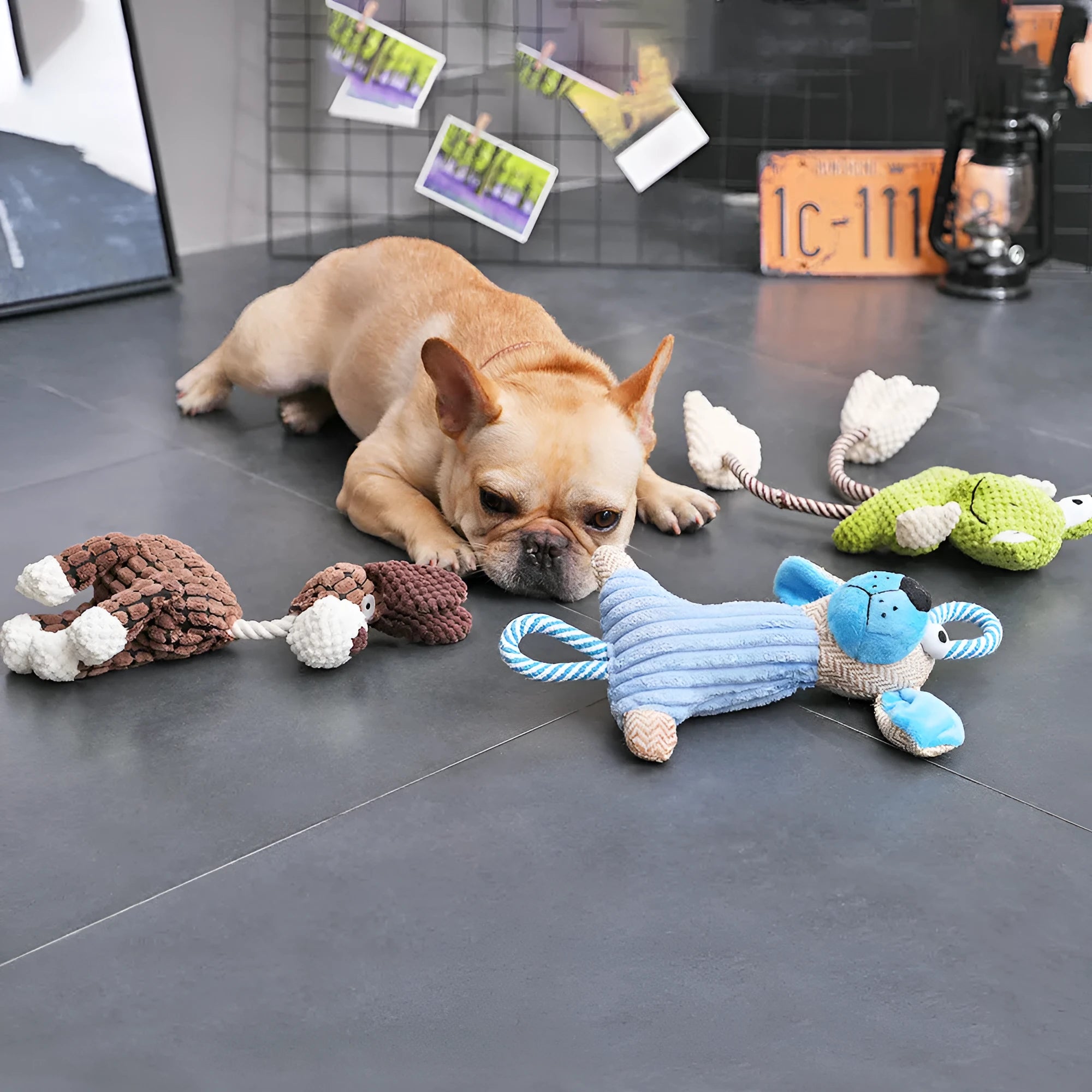 Bite-resistant pet vocal toy plush with squeaker in corduroy and cotton rope, available in Crooked Neck, Fawn, and Frog colours