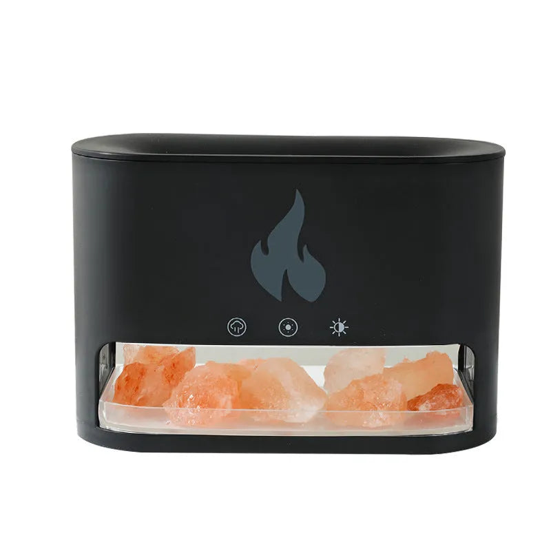 Square desktop flame humidifier with crystal salt stone and colourful atmosphere lighting