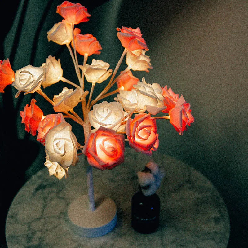 White and red rose flower LED table lamp with bonsai tree base and warm white lights