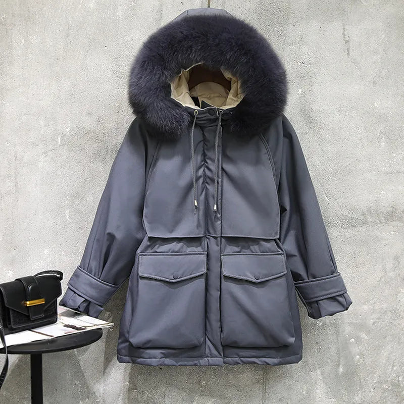Fur collar down jacket with white duck down filling, hood, slim fit, available in five colours