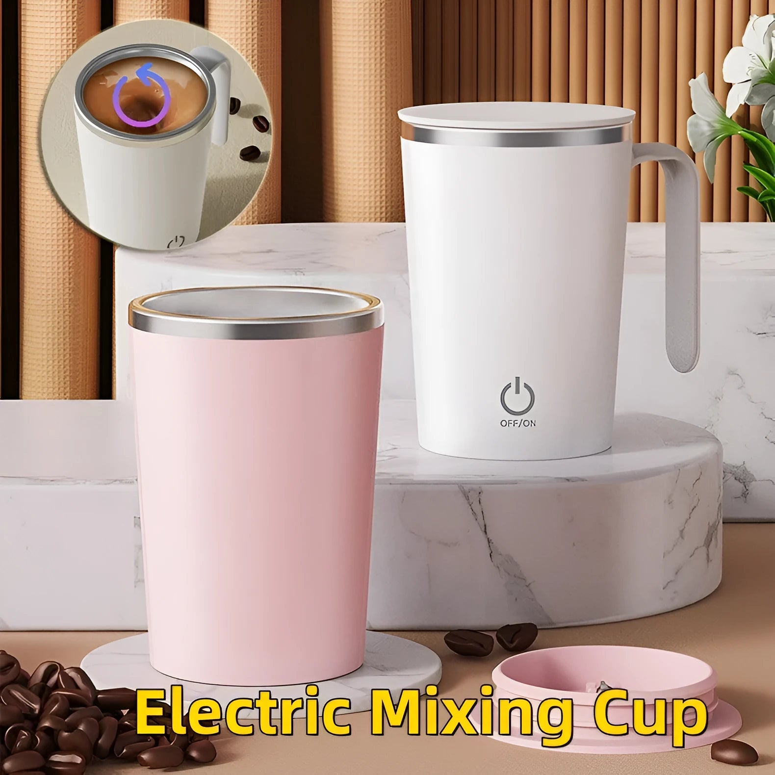 White automatic stirring electric mixing cup with minimalist design and USB cable.