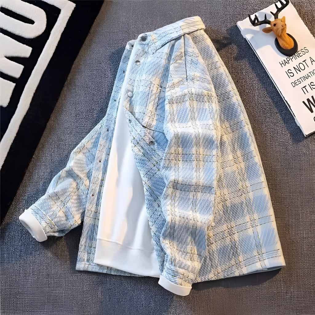 Casual all-matching plaid shirt jacket in light blue with loose fit, woolen fabric, and polyester lining, size M-3XL