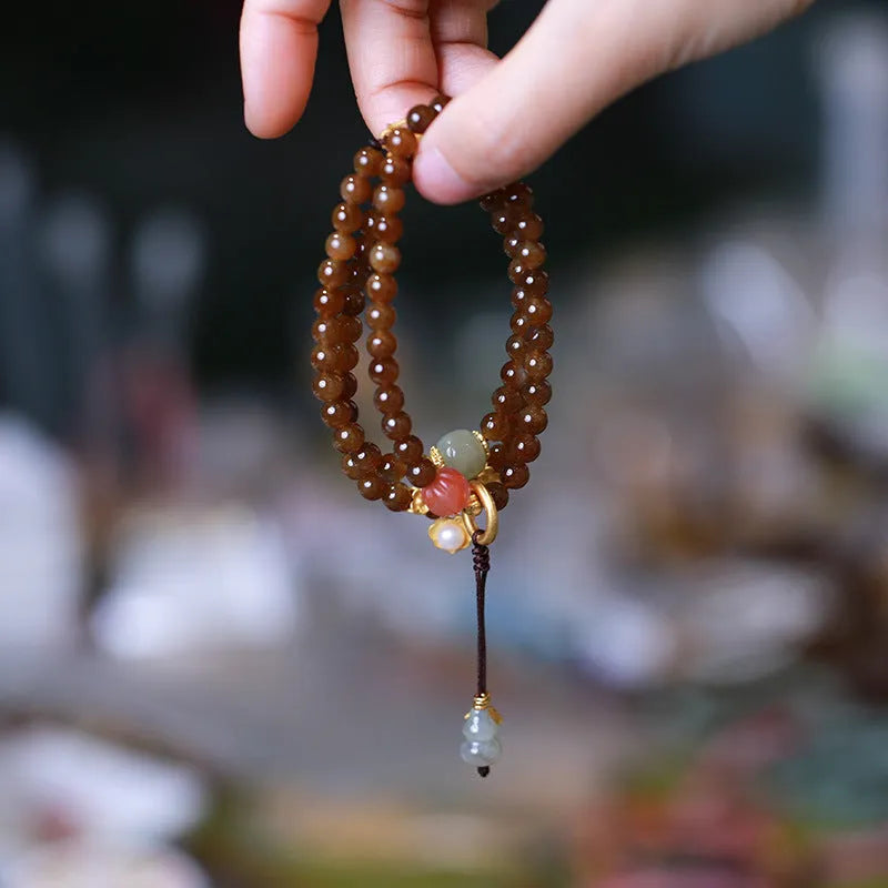 Brown jade Hetian jade three-ring bracelet with butterfly gourd pearl design and silver accessories
