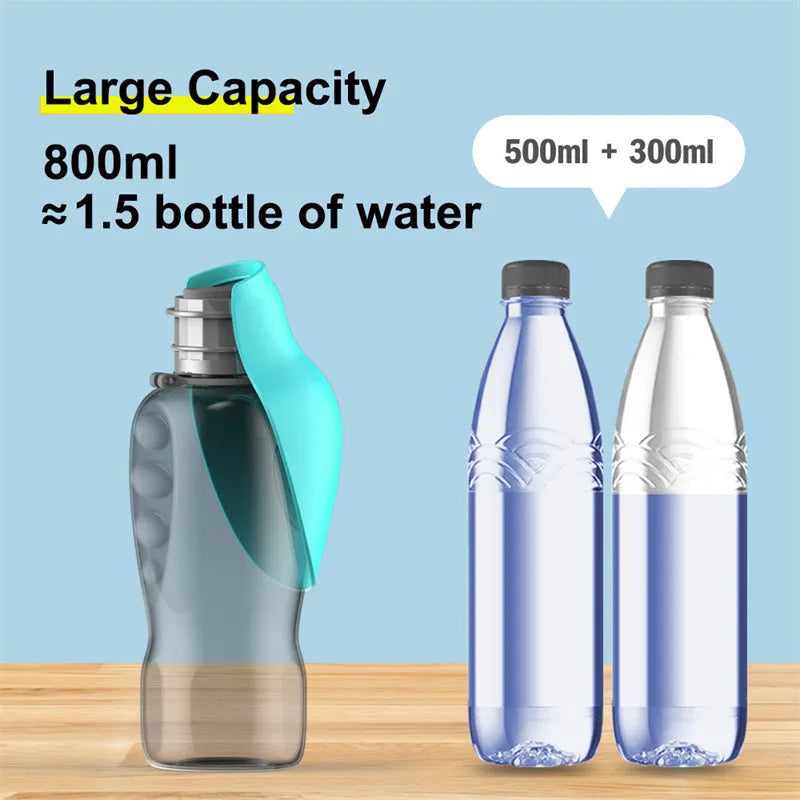 Blue grey foldable dog water bottle with drinking trough extended, showing 800ml capacity markings