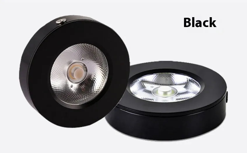 Ultra-thin LED surface mounted downlight with aluminium alloy shell, available in black, gold or white, 75mm to 125mm