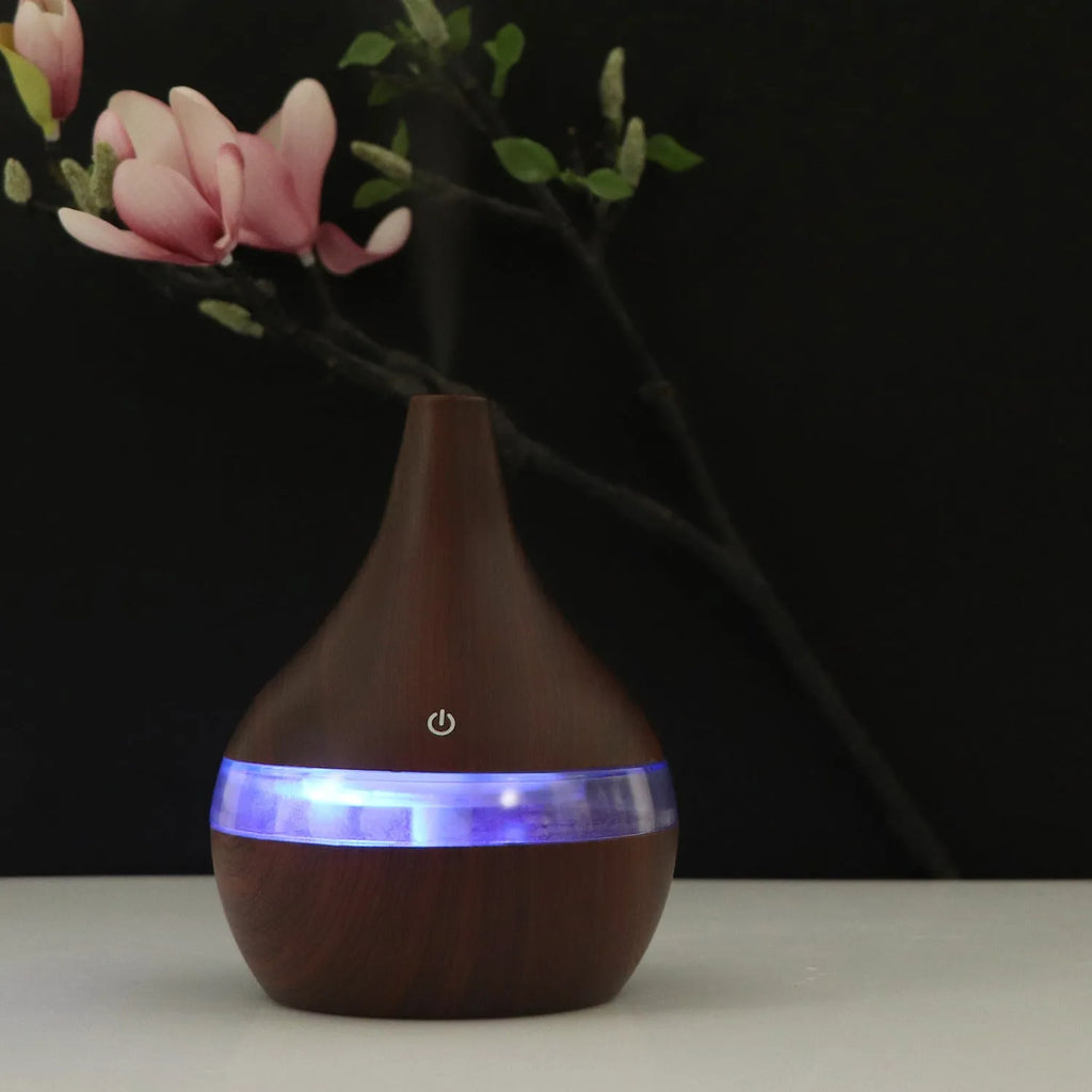 USB columnar air humidifier with wood grain finish and single fog outlet