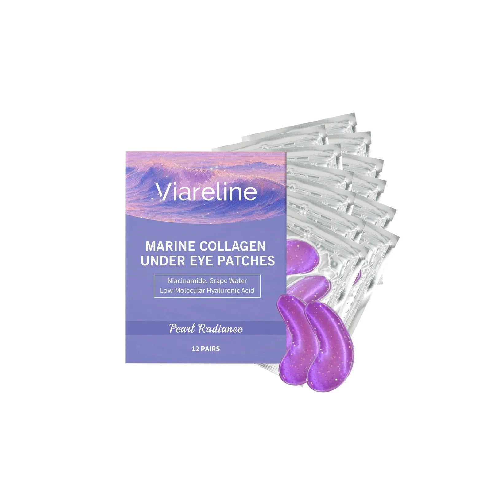 Pack of 12 collagen and hyaluronic acid moisturising eye masks for under-eye care.