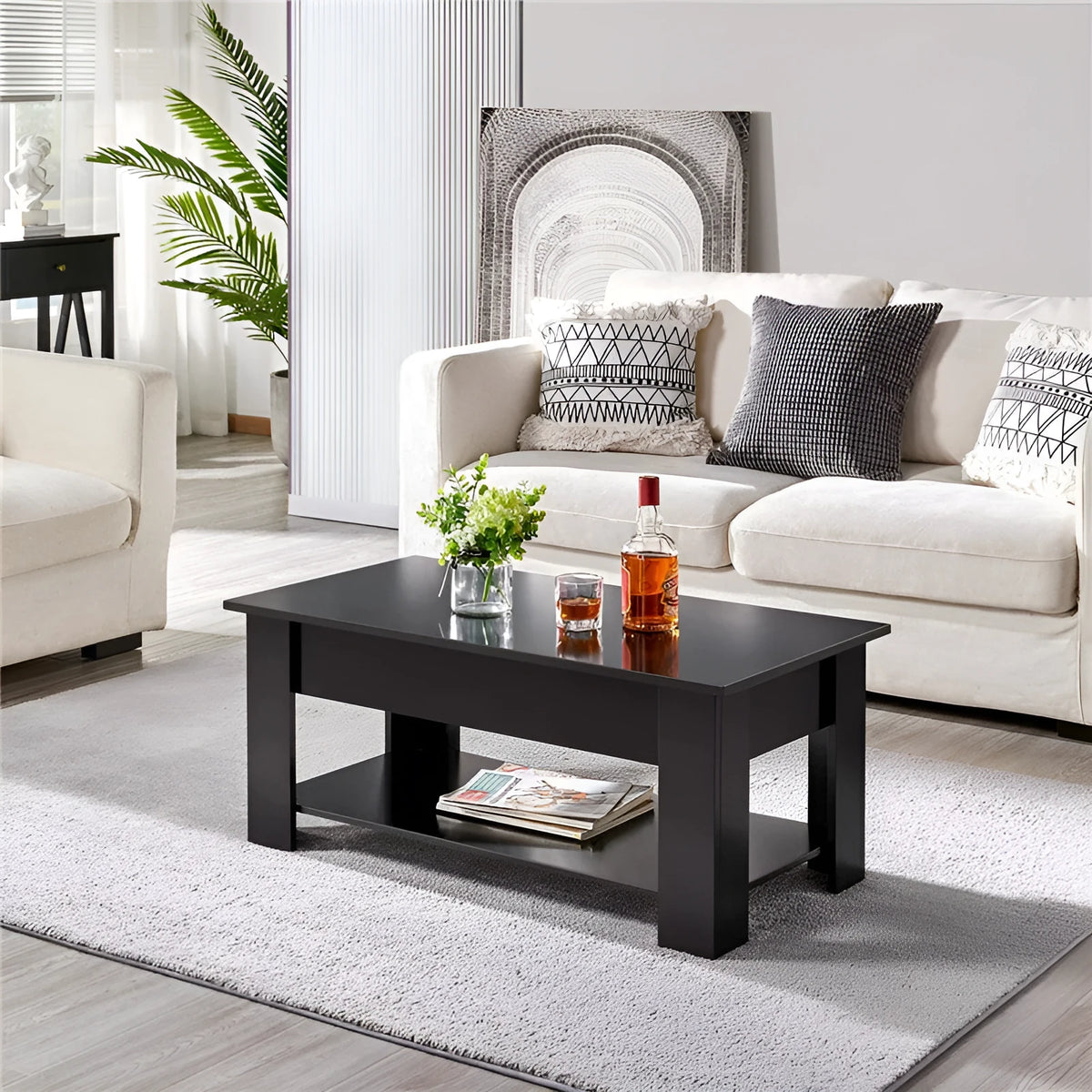 Black lifting coffee table with plate-type top and adjustable height mechanism in modern design