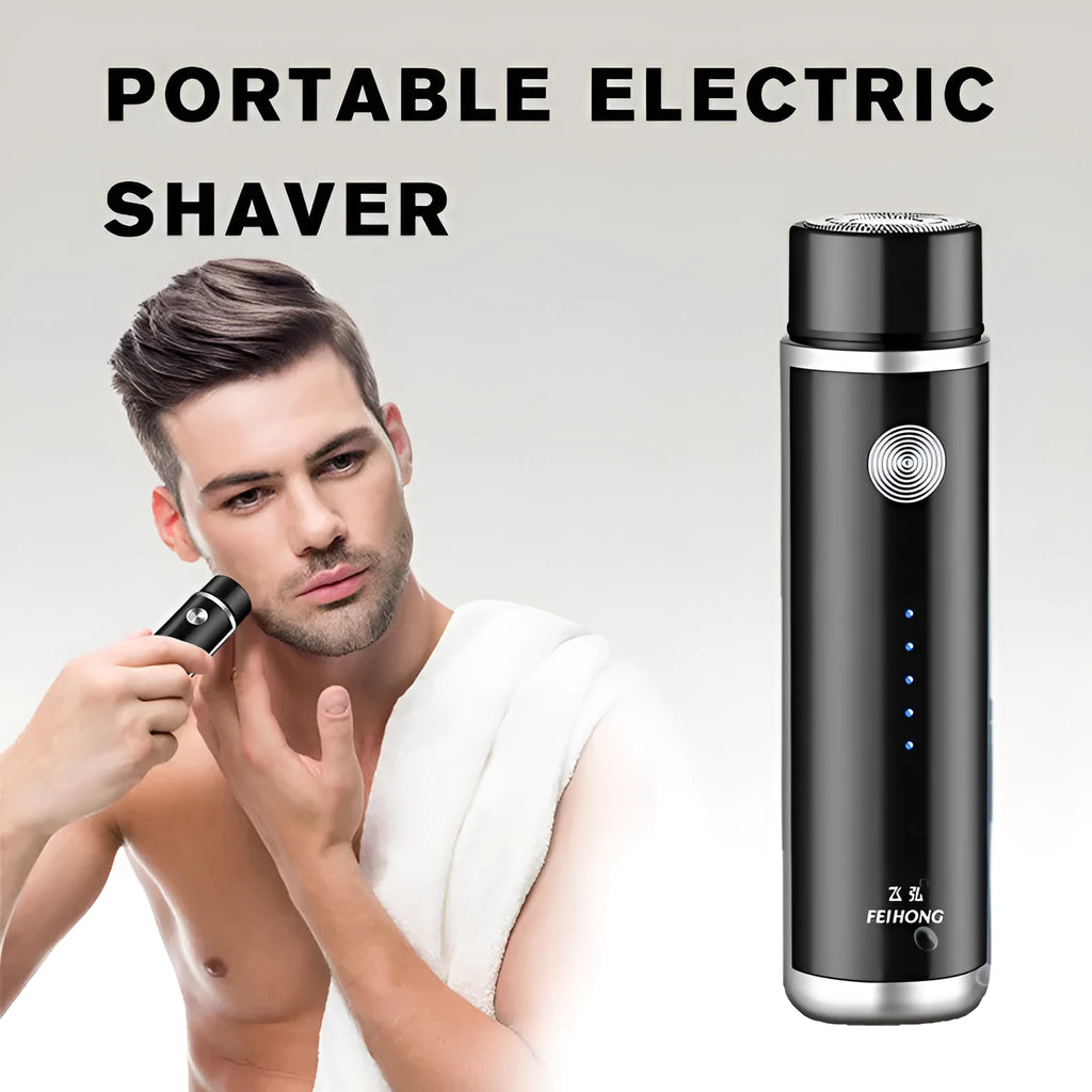 Compact portable electric shaver in black with USB charging cable.