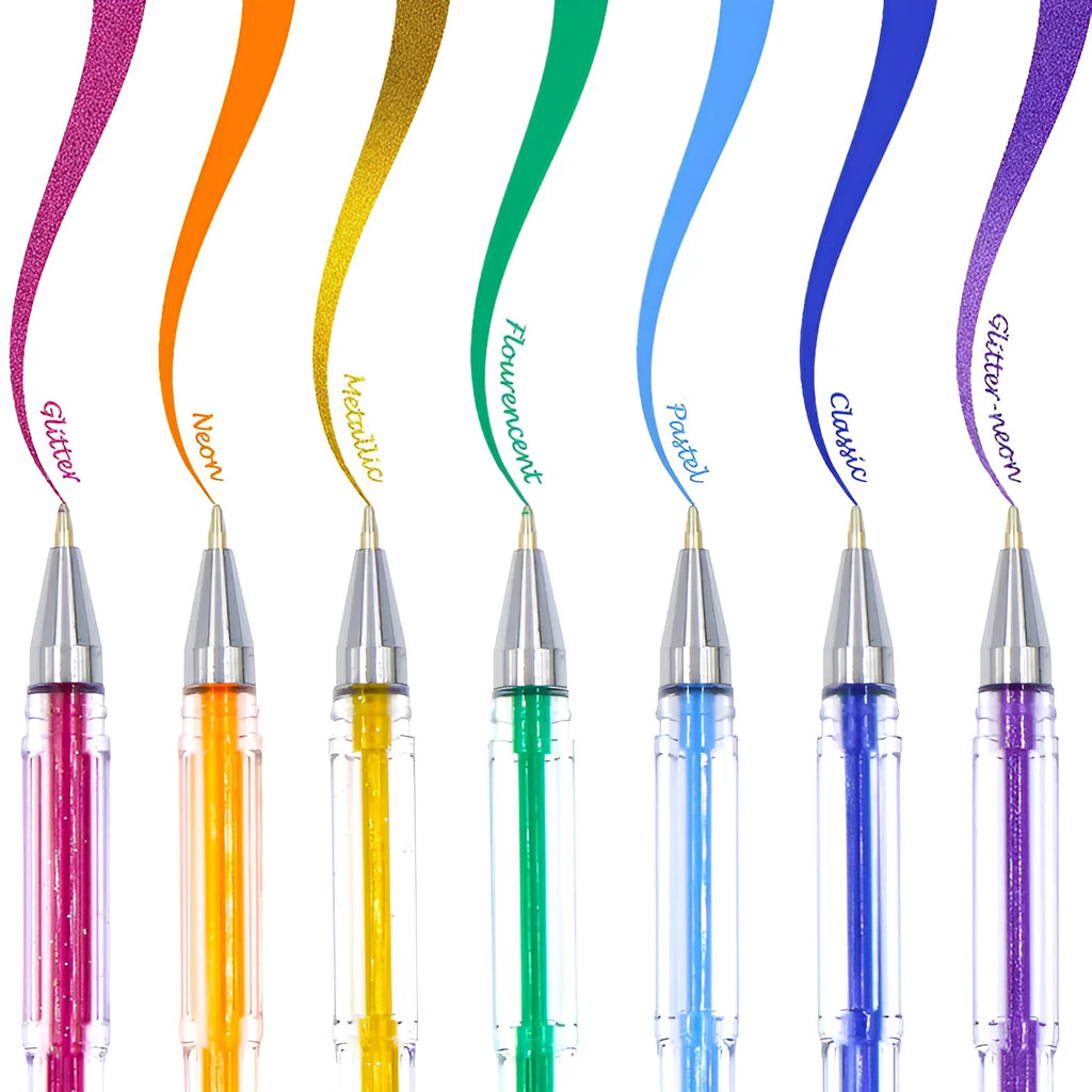 Set of 100 multicoloured gel and highlighter pens with plastic barrels, showing 0.5mm and 1mm tips.