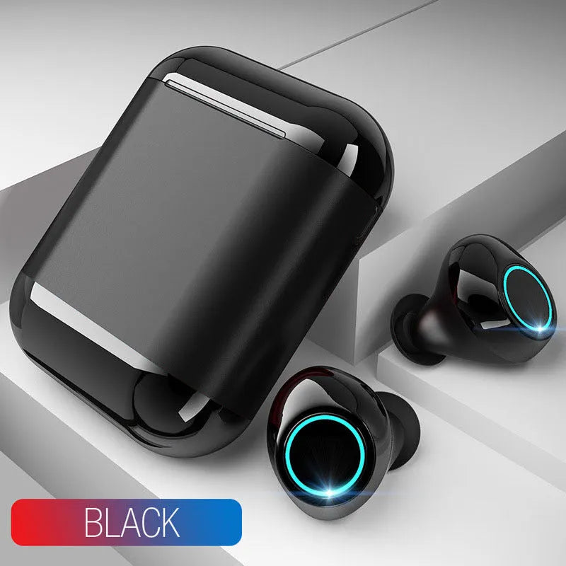 Bluetooth TWS wireless earphones in black, gold and light grey colours showing compact in-ear design