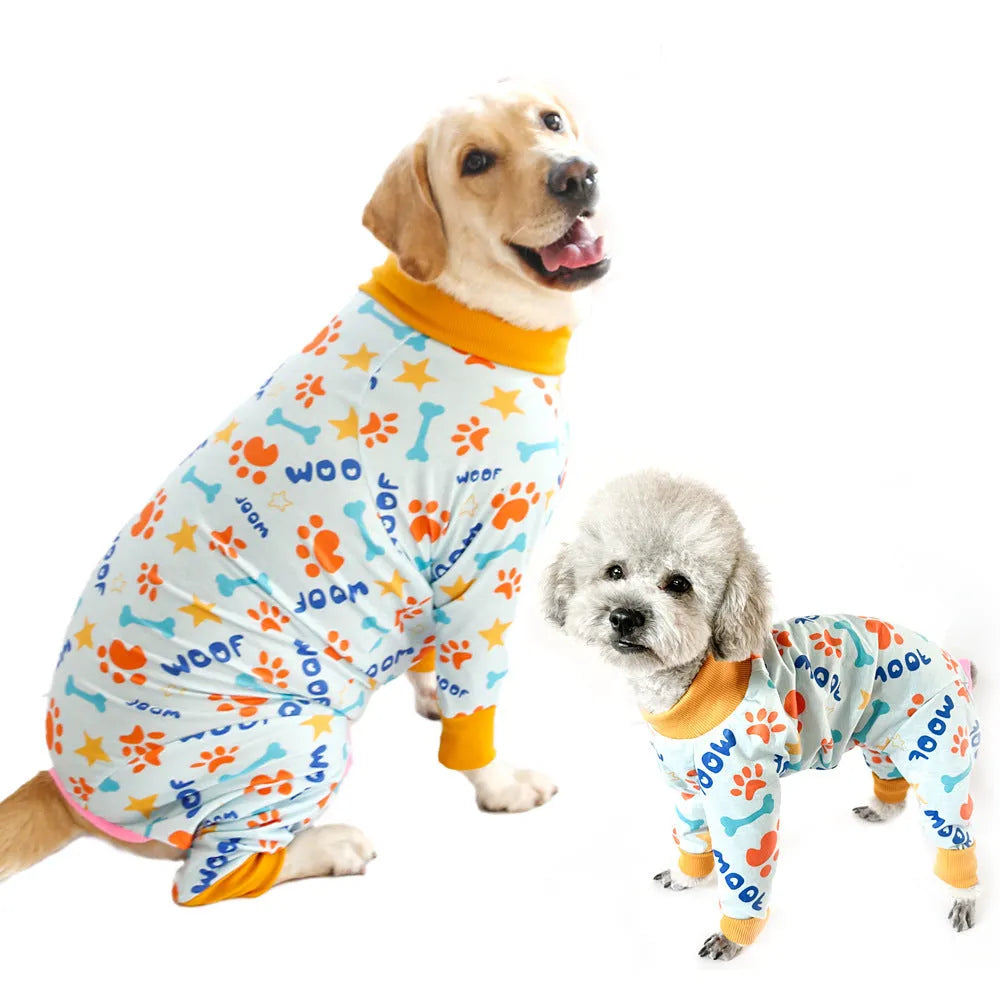 Cotton dog jumpsuit with cute printed design showing front view on mannequin