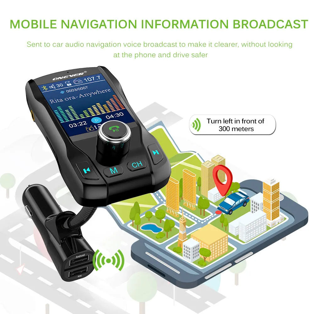 Black car FM transmitter with colour screen and flexible hose plugged into a vehicle power socket