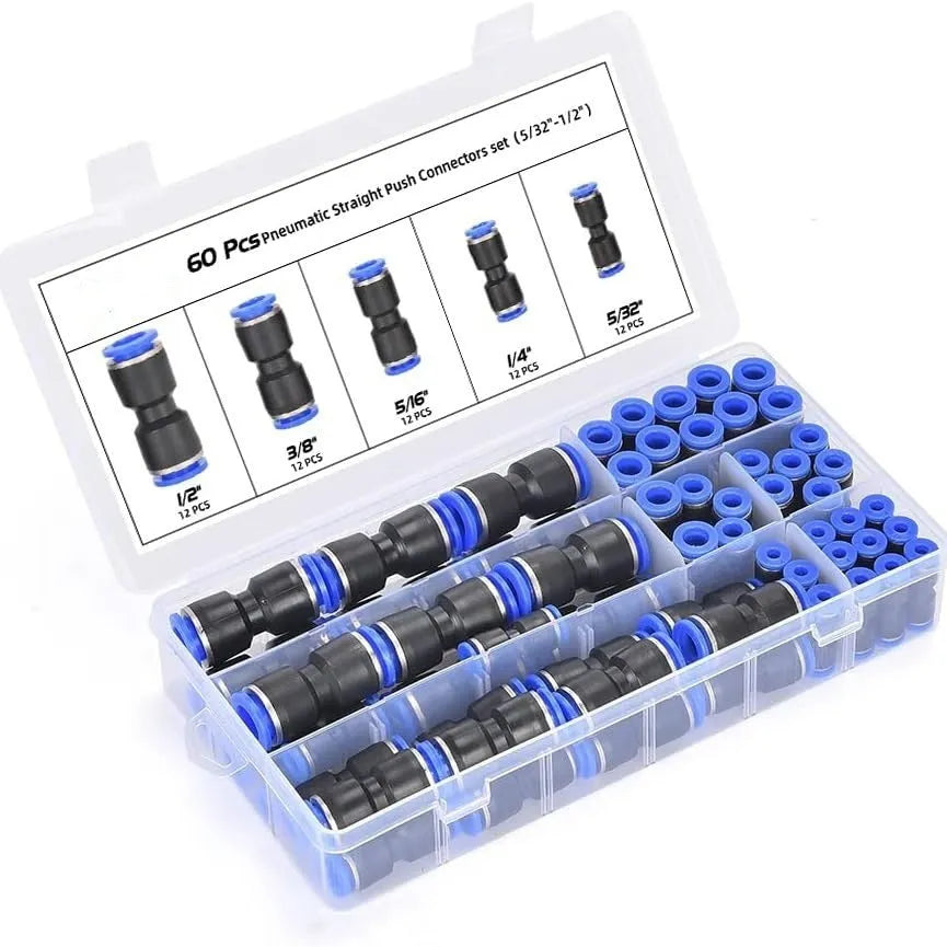 60-piece alloy plastic pneumatic push-in connector set with R1/4 and R1/2 threads.