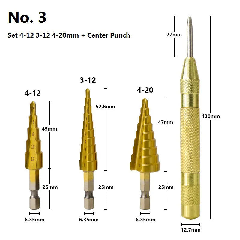 HSS steel cone drill bit and centre punch set for metalworking with step drill design