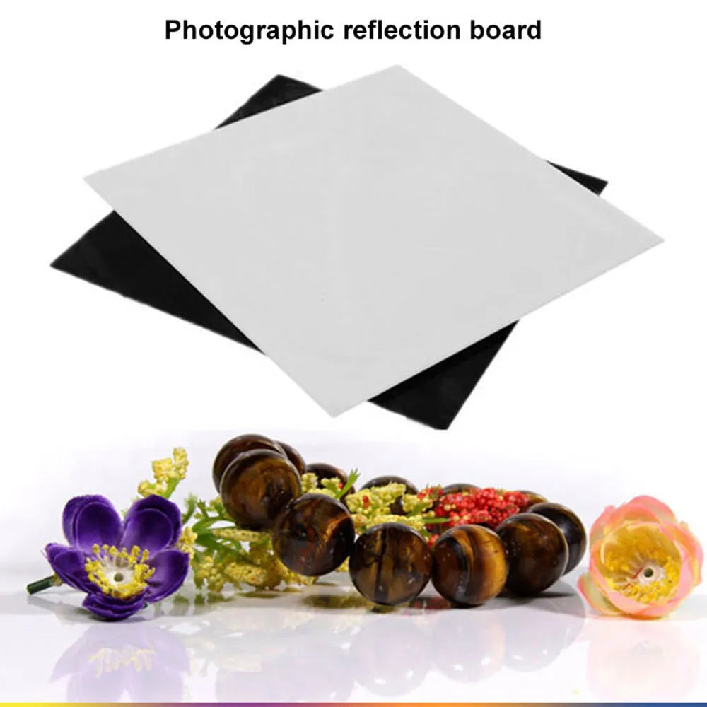 Black and white square acrylic reflection boards for product photography in 20cm, 30cm, and 40cm sizes.
