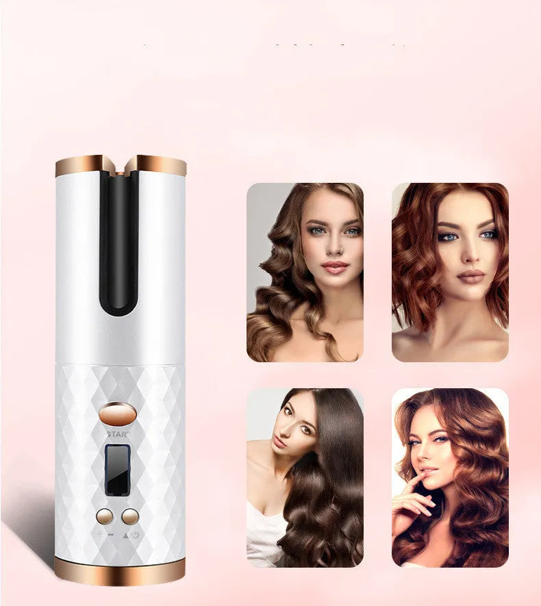Rechargeable cordless automatic hair curler with LCD display showing temperature settings on ceramic barrel