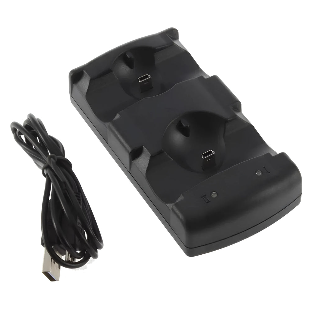 Black dual charging dock for PlayStation 3 controllers with USB cable connected
