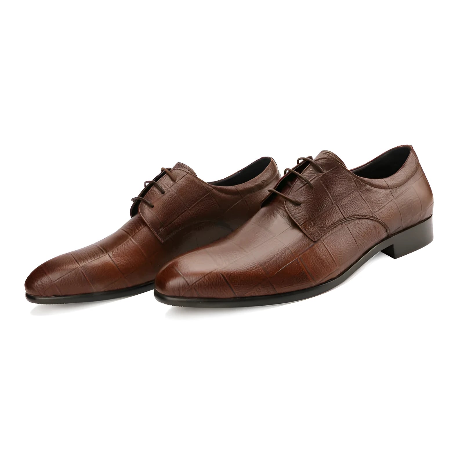 Men's black checkered leather Derby shoes with a pointed toe and rubber sole.