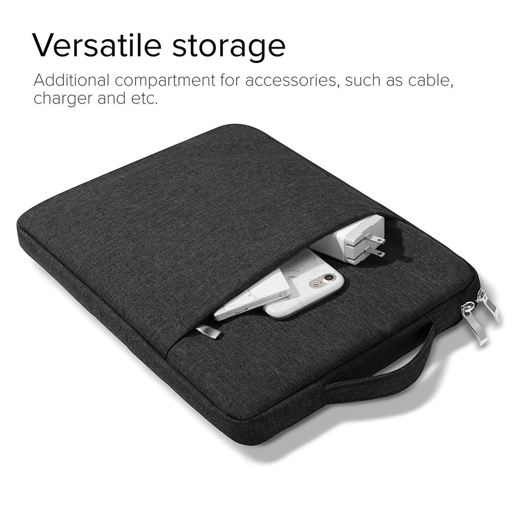 Grey canvas notebook sleeve case for Apple iPad Pro 12.9 inch tablet on a wooden desk
