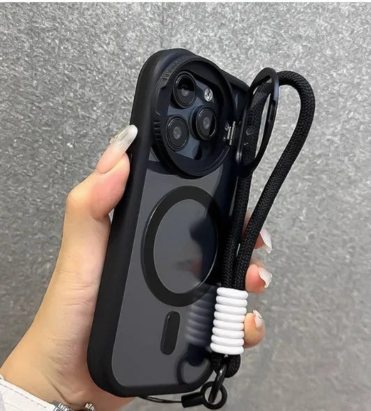 iPhone case with acrylic back, silica gel edge, lens film bracket, and hand rope in black