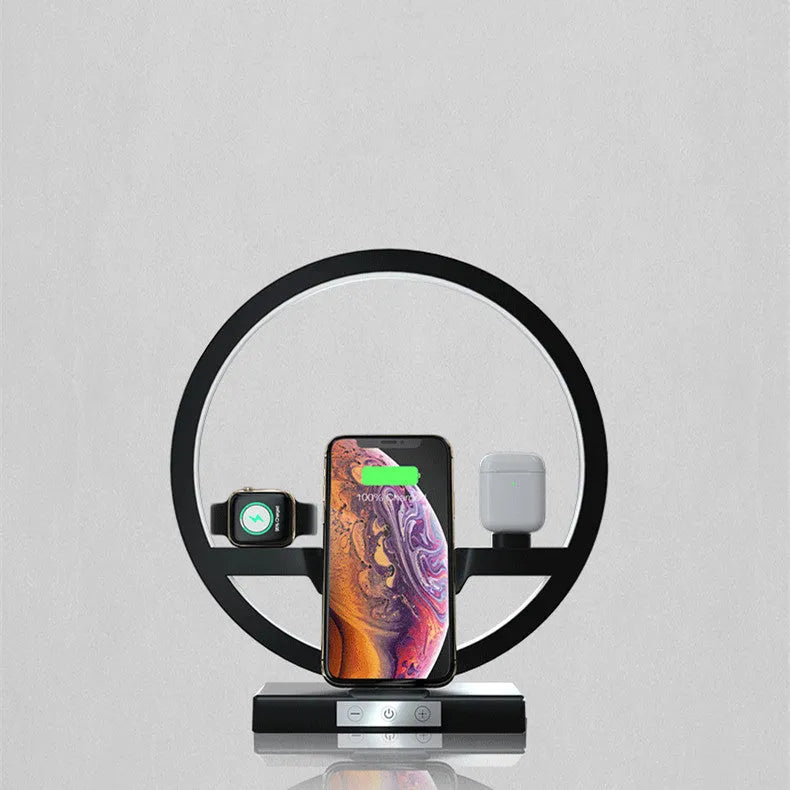 3 in 1 wireless charger bracket for mobile phone watch headset with ring light table lamp in black