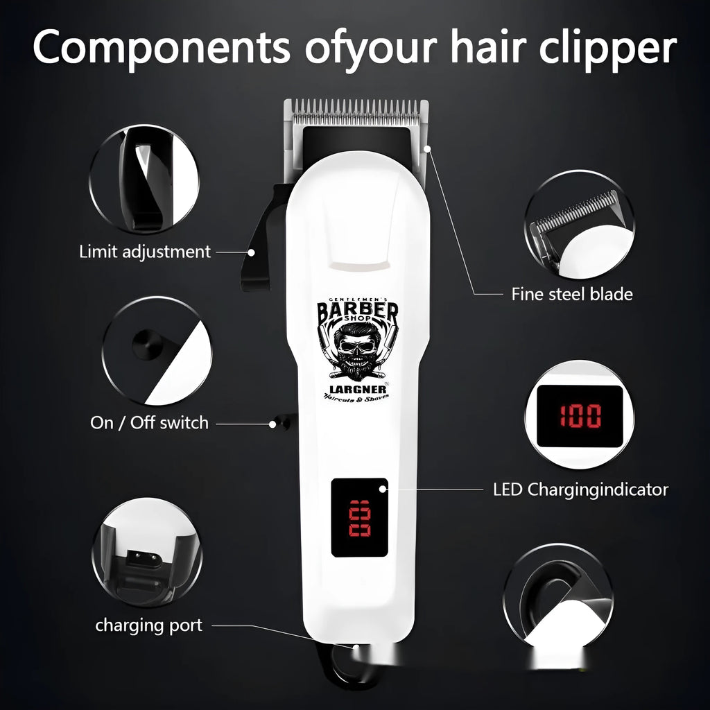 Rechargeable hair clipper with stainless steel cutter head showing USB charging port