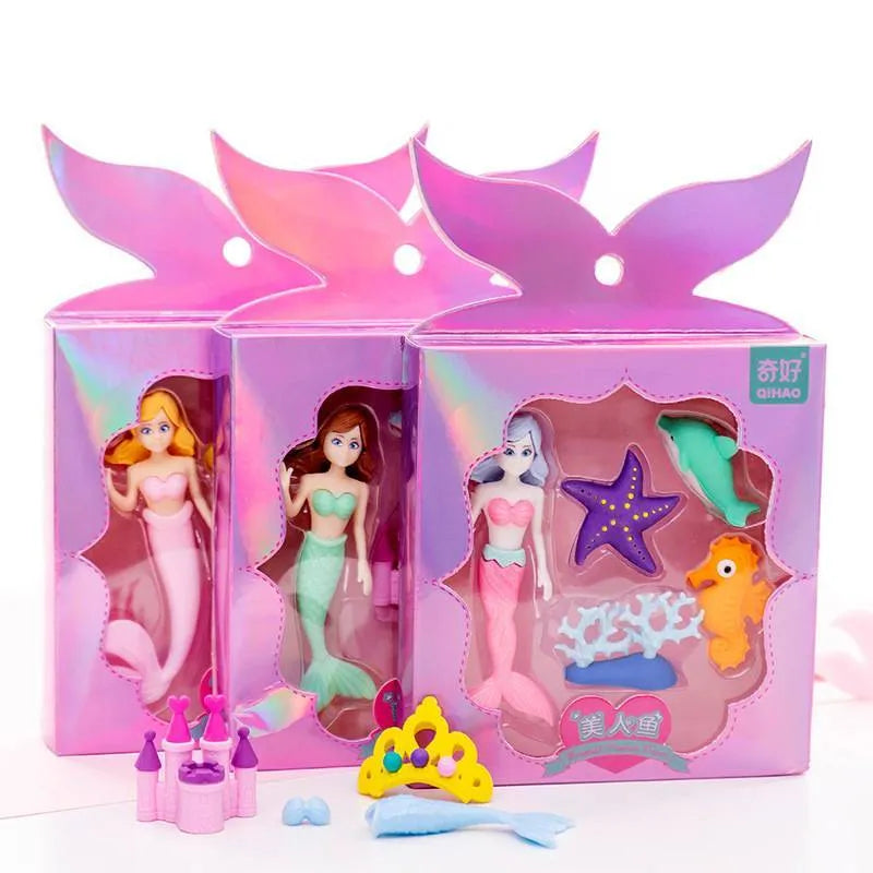 Flower Fairy eraser suit set with 12 cartoon character pencil erasers in Flower Fairy and mermaid designs