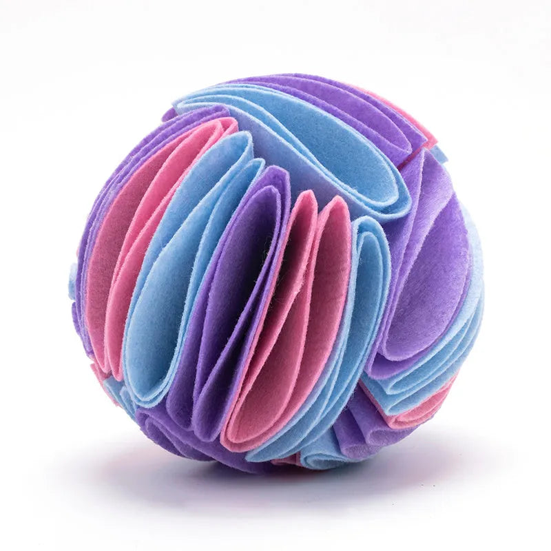 Foldable polar fleece dog snuffle ball in beige brown with deep folds for hiding treats