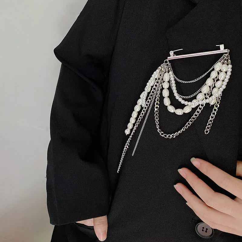 Korean style tassel pearl pin brooch with gold tassel, electroplated alloy finish