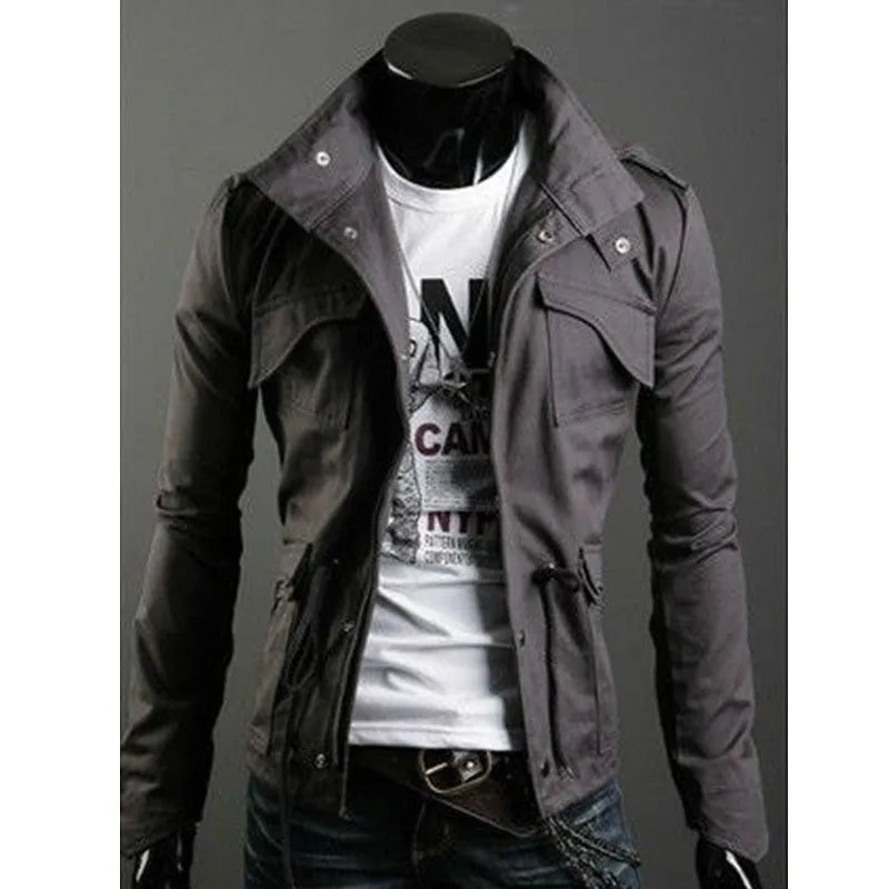 Military style winter jacket in canvas fabric, black colour, front view, with windproof and breathable features