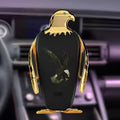 Car phone holder with wireless charging base and black and gold snap-on vent mount.