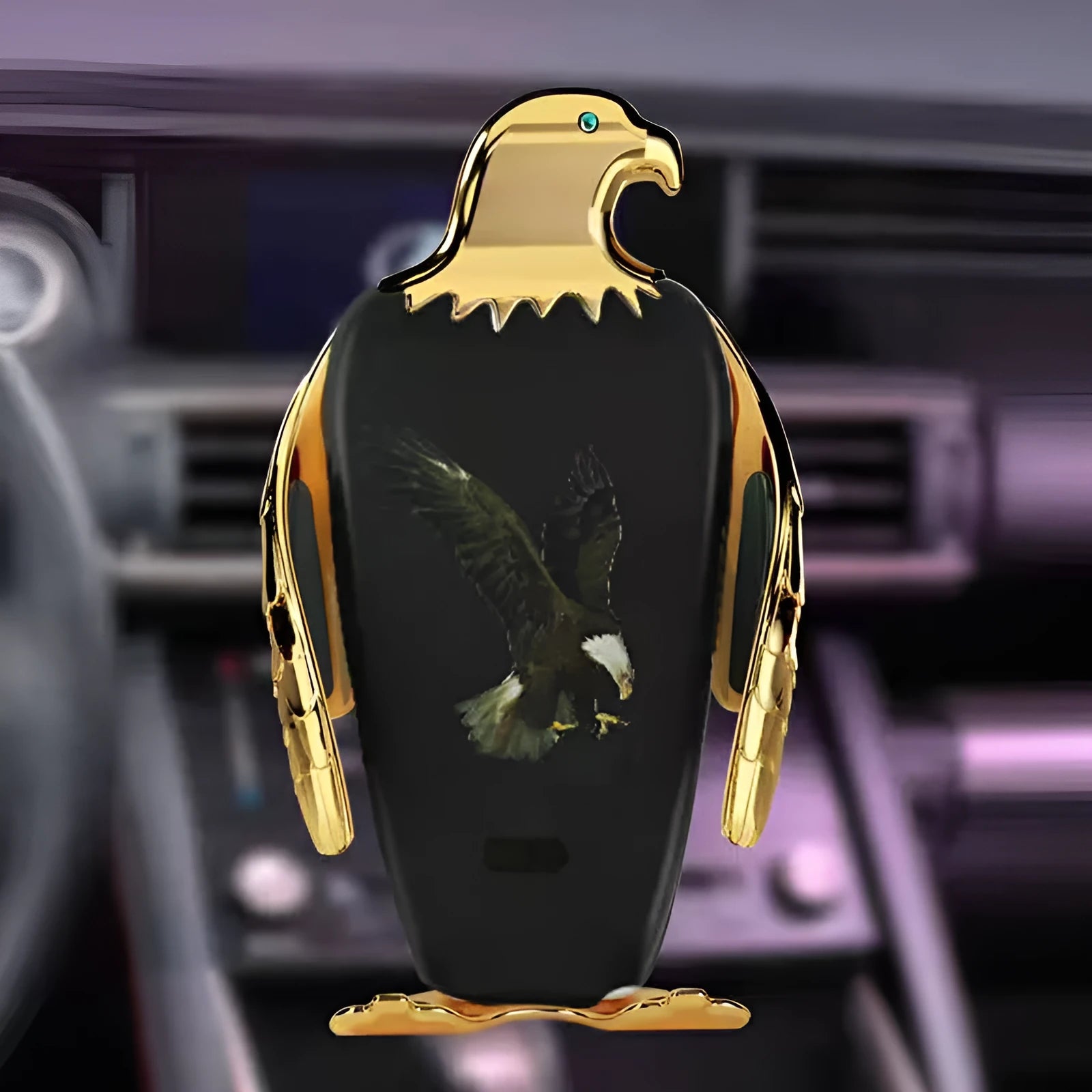 Car phone holder with wireless charging base and black and gold snap-on vent mount.