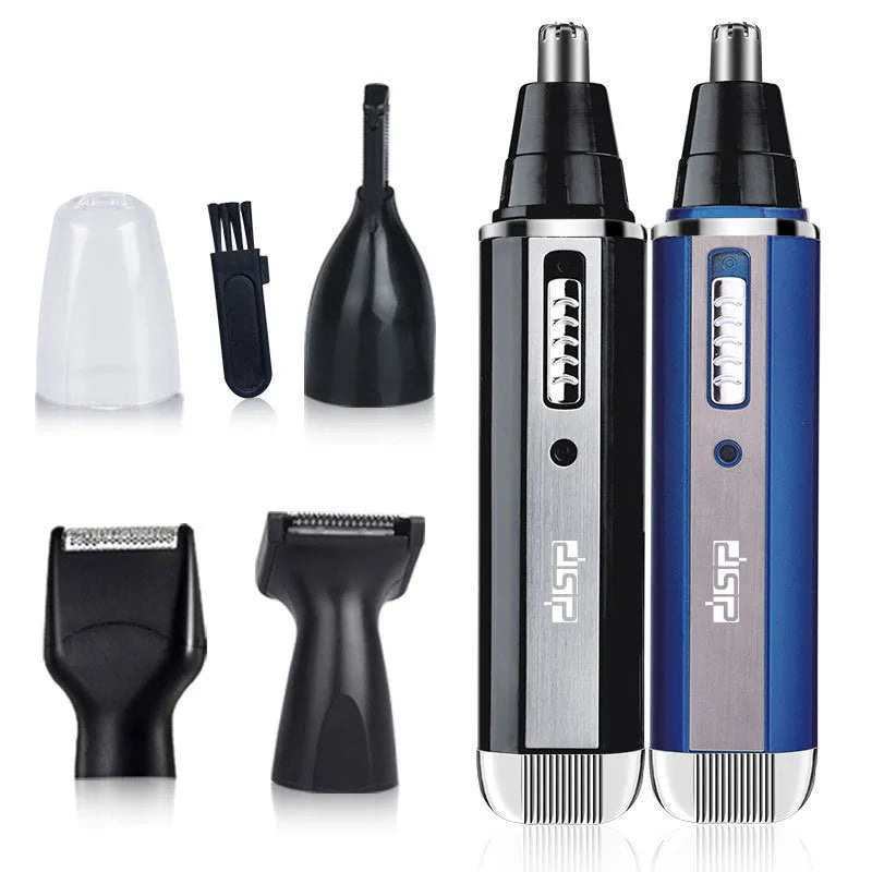 Blue, black, and silver electric shaver for trimming beard, sideburns, and nose hair.
