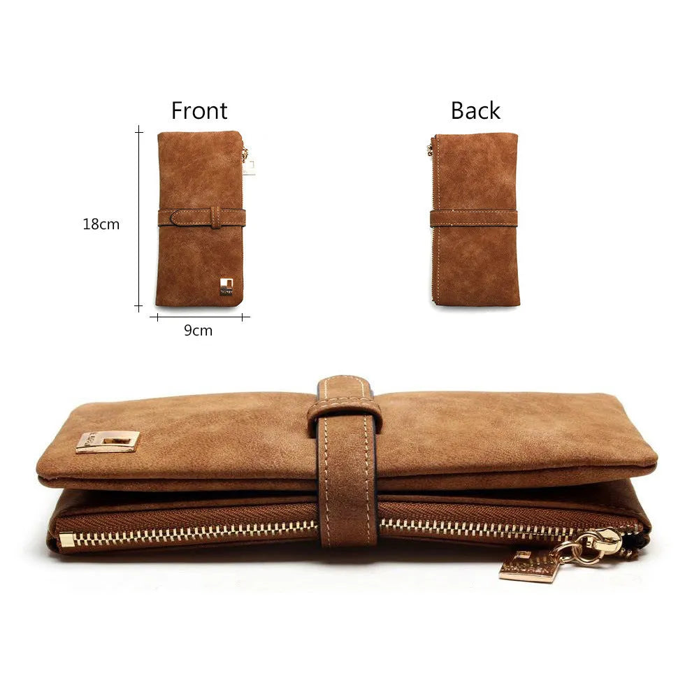 Vertical long ladies wallet in soft PU leather with a zip closure and decorative lock, showing interior card slots and compartments.