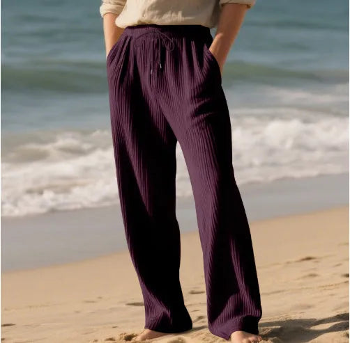 Men's baggy straight trousers in khaki, drawstring waist, straight-leg style