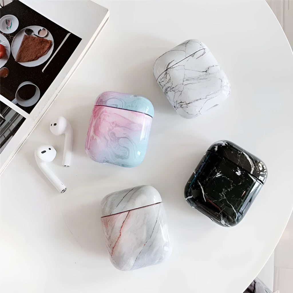 Hard white marble protective case for Apple AirPods 1 and 2 charging box.