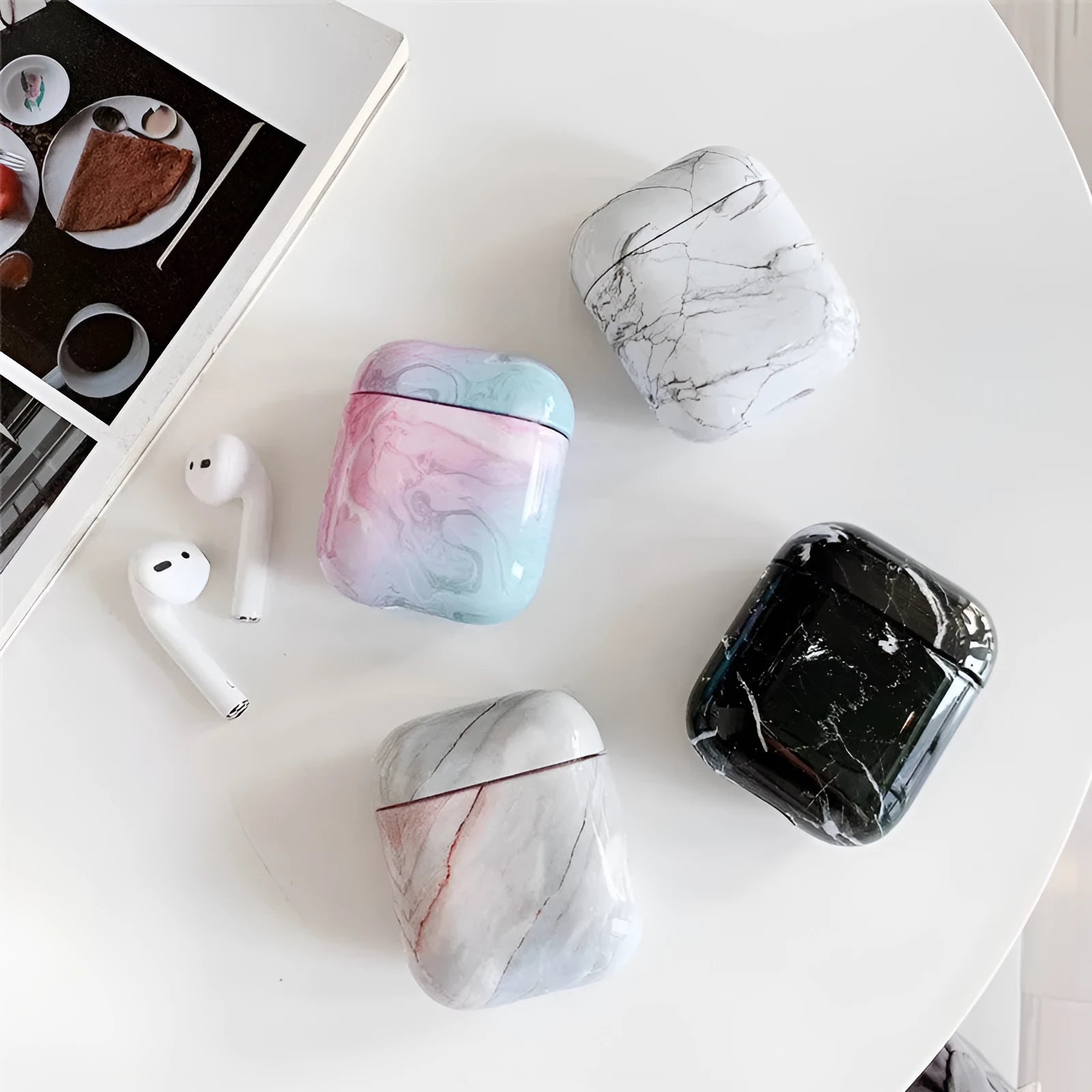 Hard white marble protective case for Apple AirPods 1 and 2 charging box.
