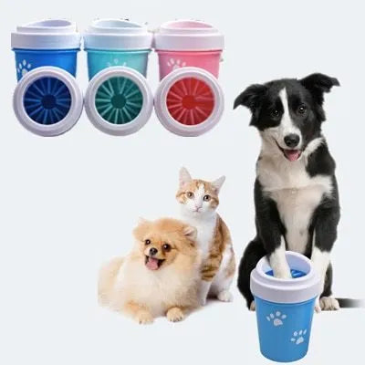 Dog foot washing cup in green, pink, and blue with silicone insert for paw cleaning