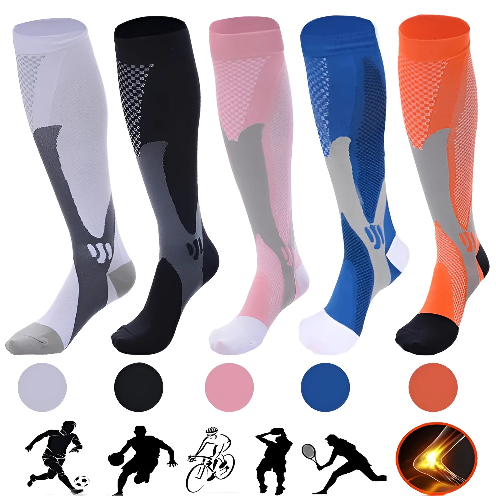 Unisex graduated compression socks in various colours with size measurement details