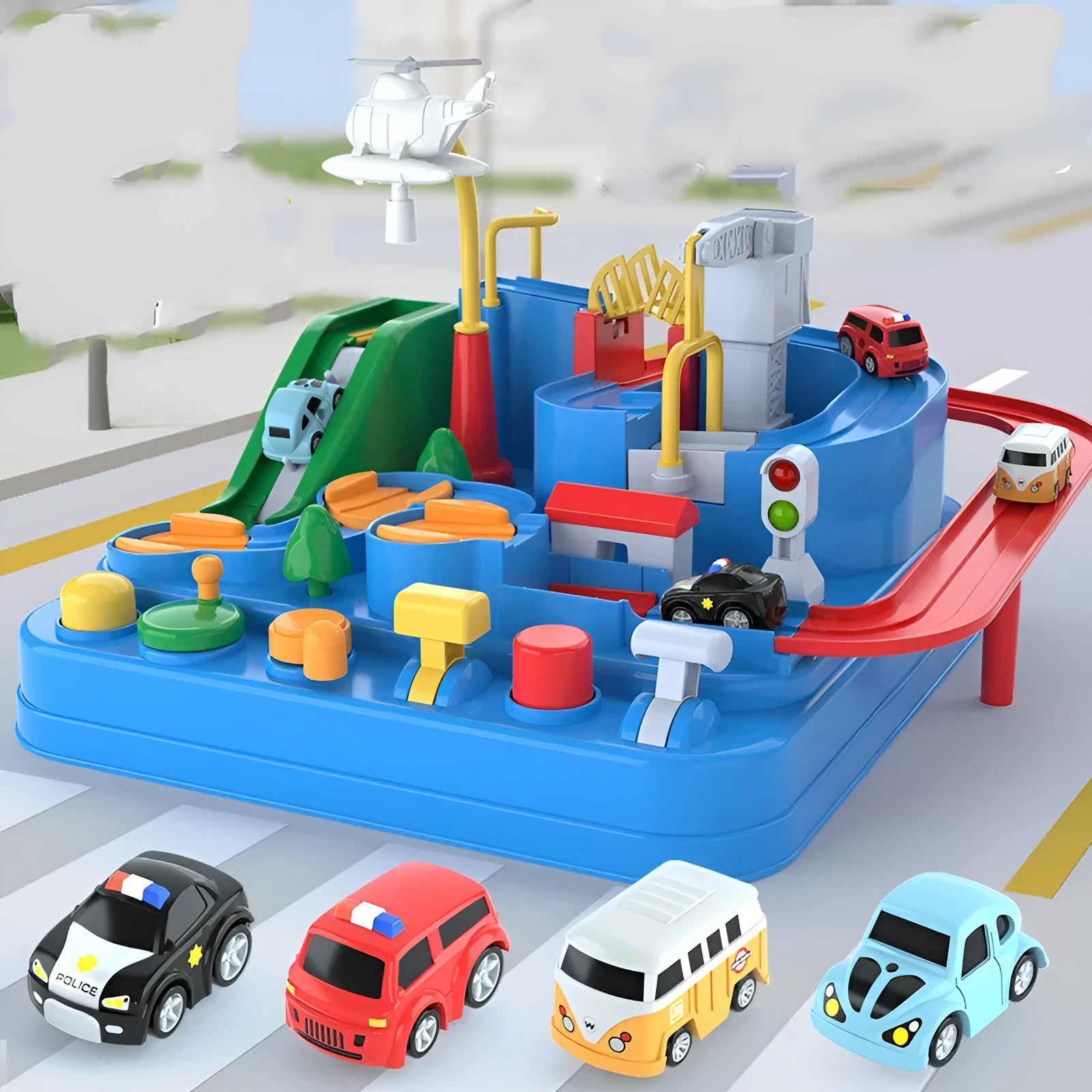 Big adventure parking lot rail car track toy set with plastic cars and handle control
