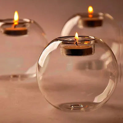 European style spherical hollow glass candle holder in three diameter sizes