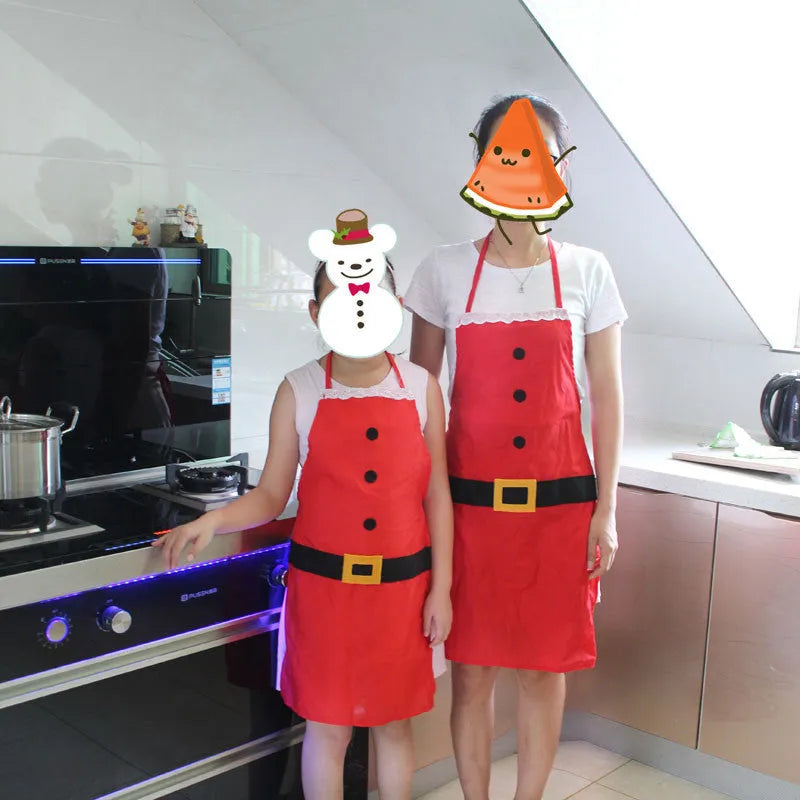 Red Christmas apron with Merry Christmas print for adult and children's kitchen use
