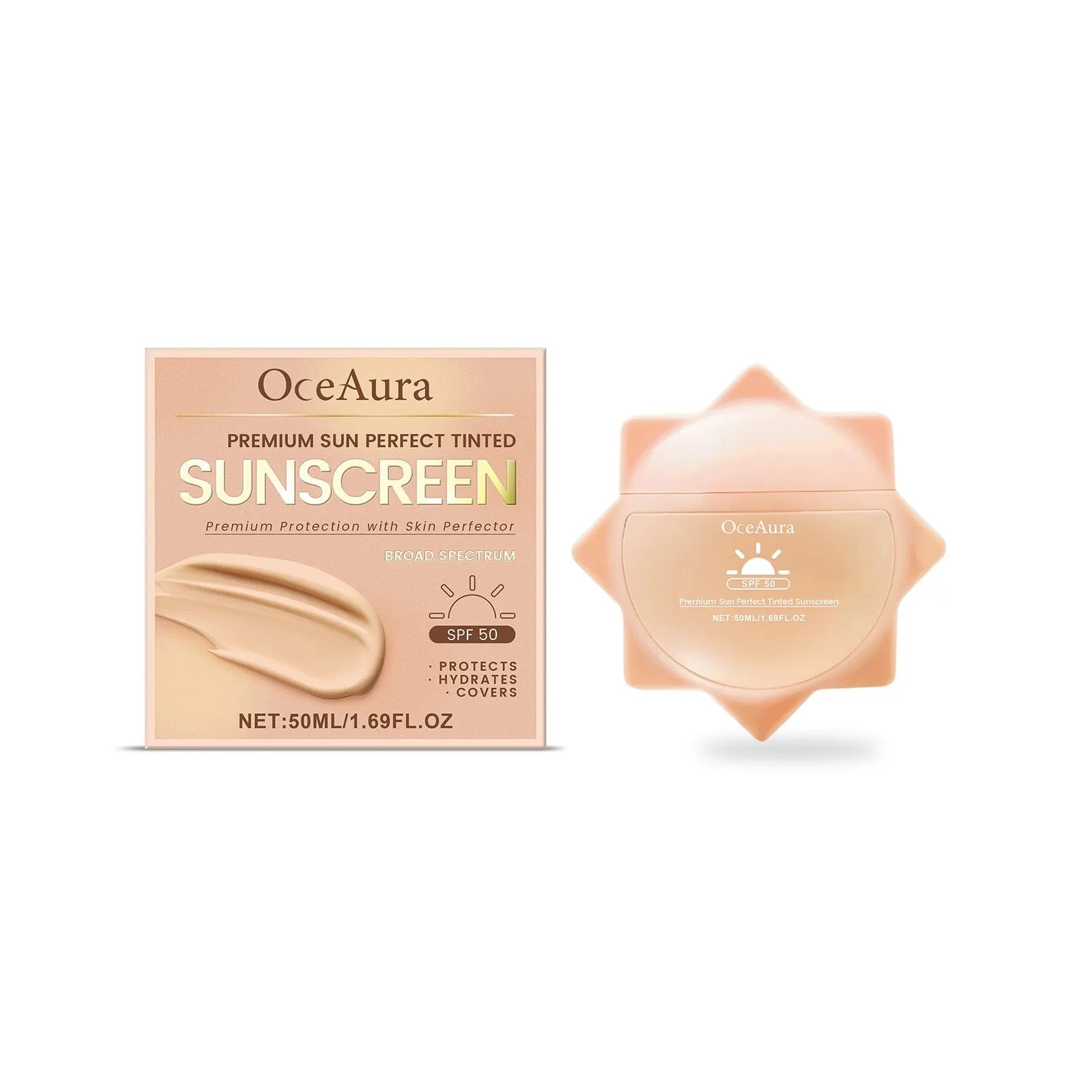 50 ml sunscreen bottle with cream containing titanium dioxide and hyaluronic acid