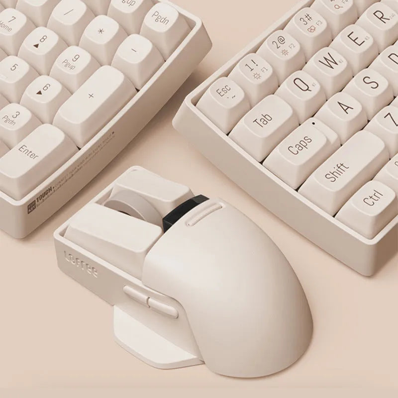 Tofu-coloured three-mode wireless mouse with ergonomic design on a desk.